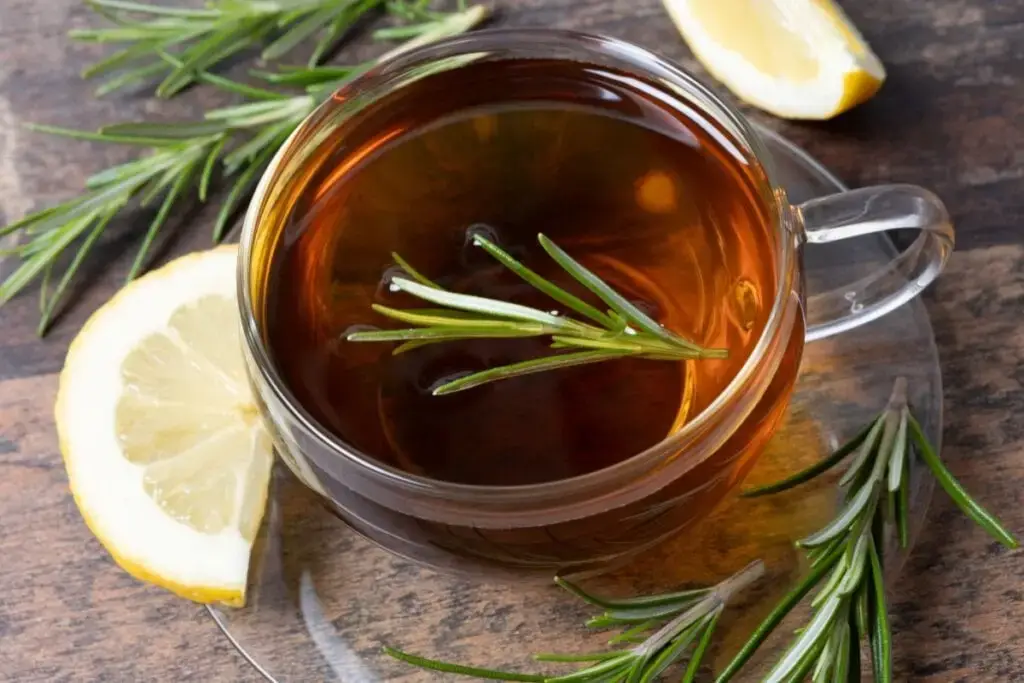 xícara de vidro com chá marrom com alecrim. ramos de alecrim e fatias de limão em volta
