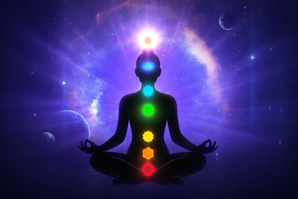 Ilustração de uma pessoa meditando com círculos coloridos em cima dela 