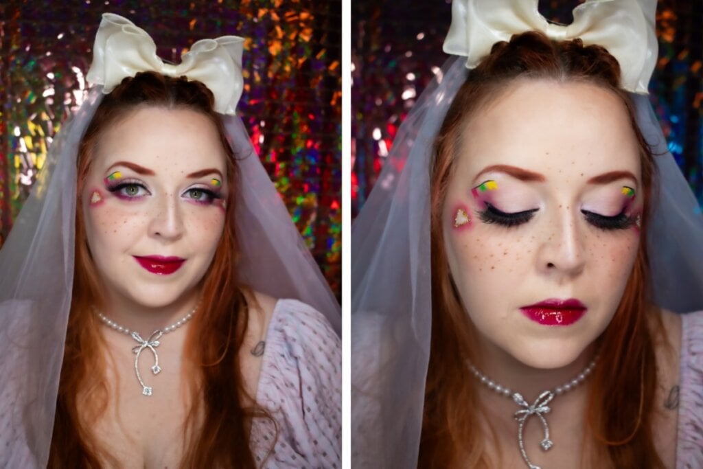 Foto-colagem do rosto de uma mulher vestida de noiva e com maquiagem de festa junina