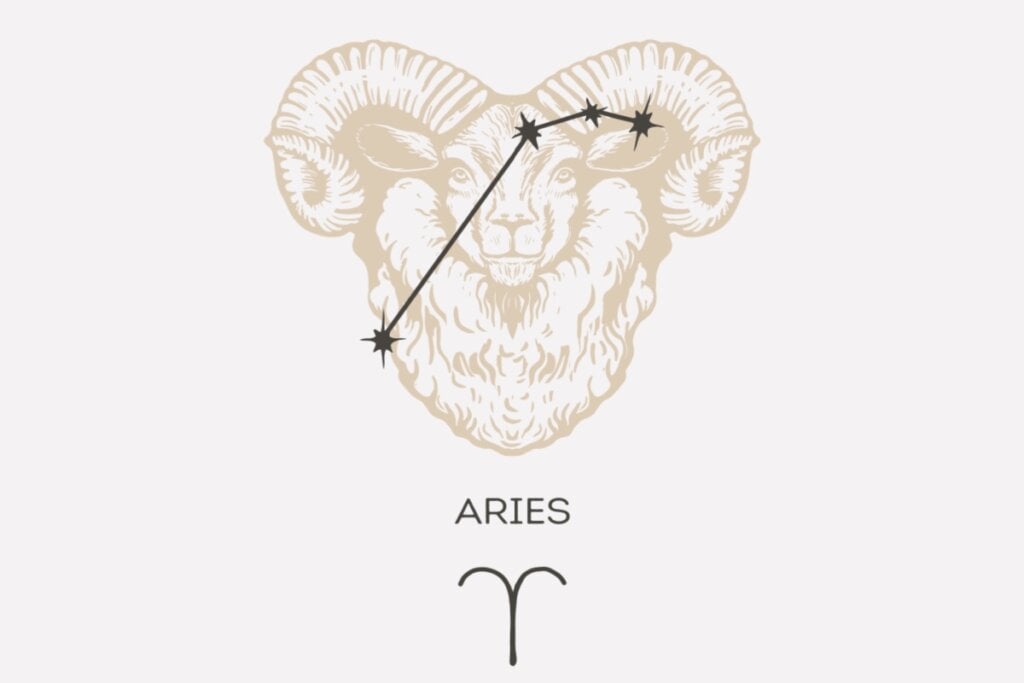 Ilustração e constelação do signo de Áries em um fundo cinza