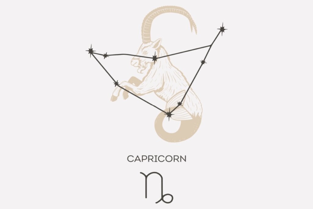 Ilustração e constelação do signo de Capricórnio em um fundo cinza
