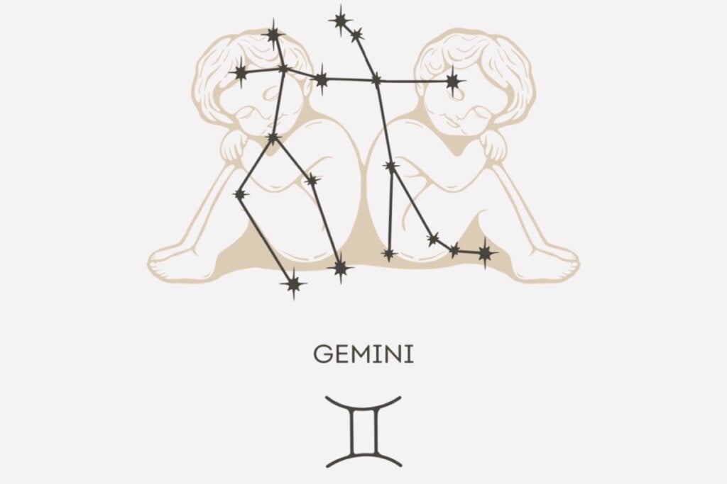 Ilustração e constelação do signo de Gêmeos em um fundo cinza