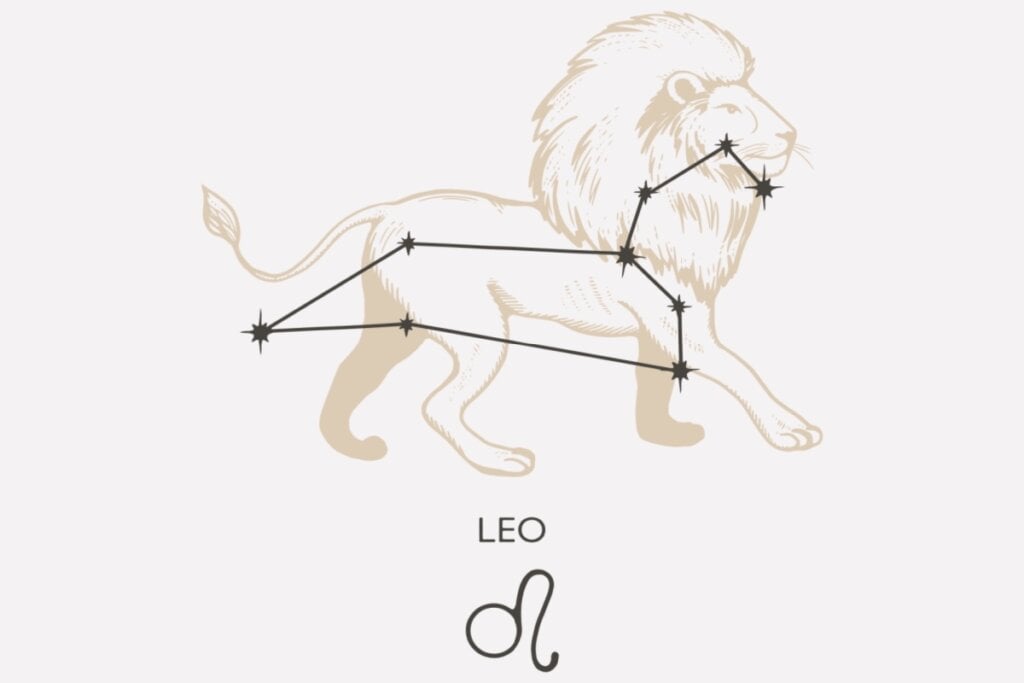 Ilustração e constelação do signo de Leão em um fundo cinza