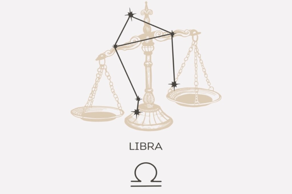 Ilustração e constelação do signo de Libra em um fundo cinza