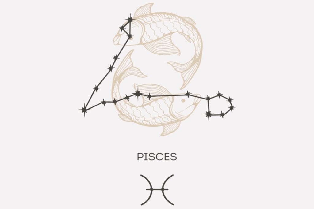 Ilustração e constelação do signo de Peixes em um fundo cinza