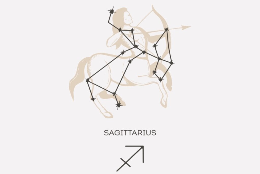 Ilustração e constelação do signo de Sagitário em um fundo cinza