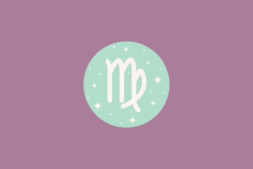 Ilustração do signo de virgem em um círculo verde e em um fundo roxo