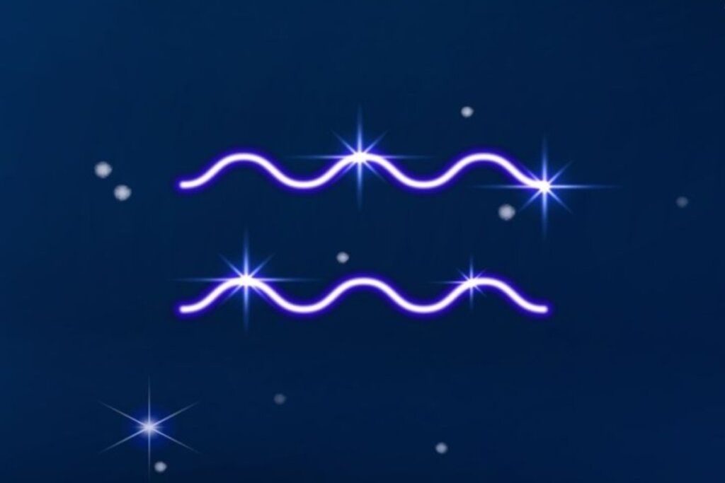 Símbolo do signo de Aquário em roxo em fundo azul-escuro com pontos de luz simbolizando as estrelas 

