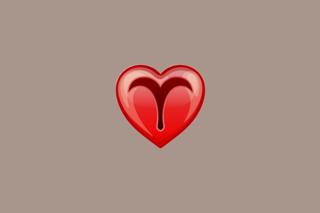 Ilustração do signo de Áries, em fundo amarronzado, com um coração vermelho ao centro contendo um traço vertical curvo que se bifurca em dois arcos voltados para fora, lembrando chifres de carneiro