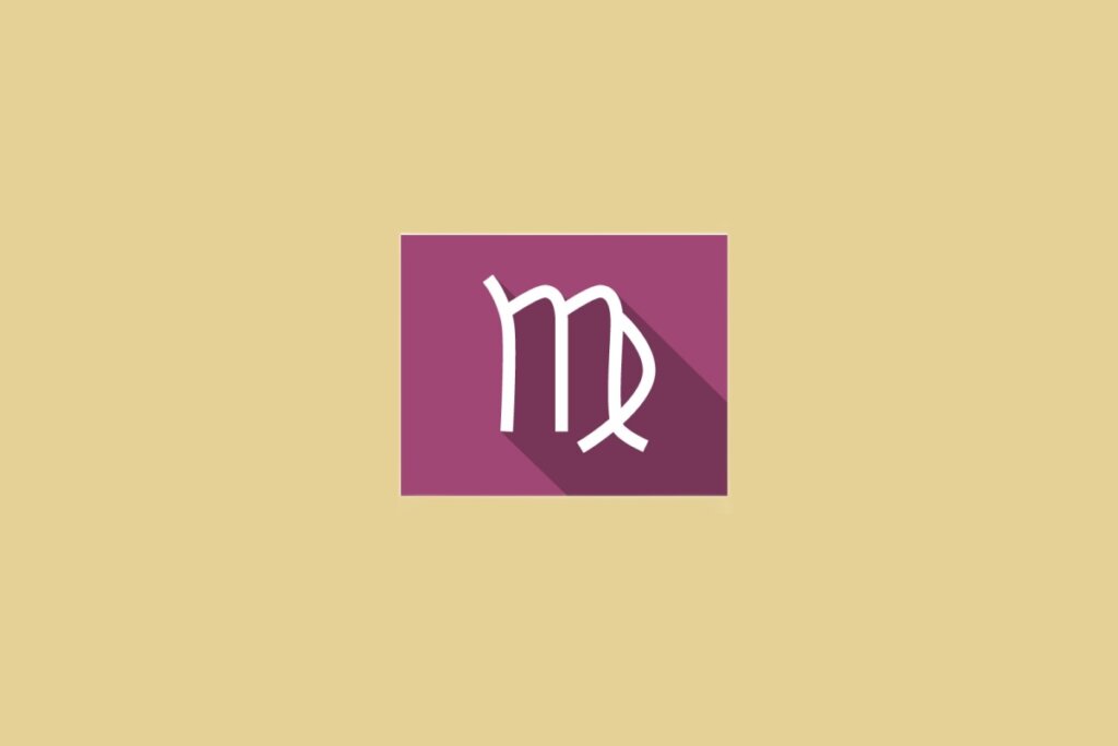 Ilustração do signo de Virgem, em fundo amarelo-mostarda, com símbolo semelhante a um “M” com uma perna dobrada à direita