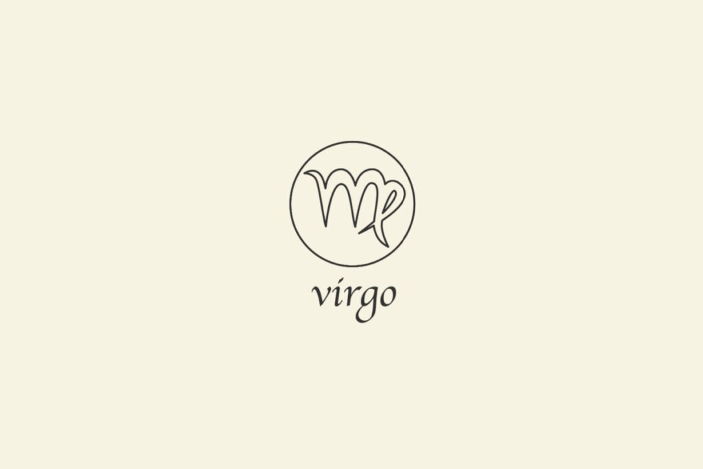 Ilustração do signo de Virgem, em fundo bege, contendo um símbolo que lembra a letra “M” com uma perna direita curva que se dobra para dentro