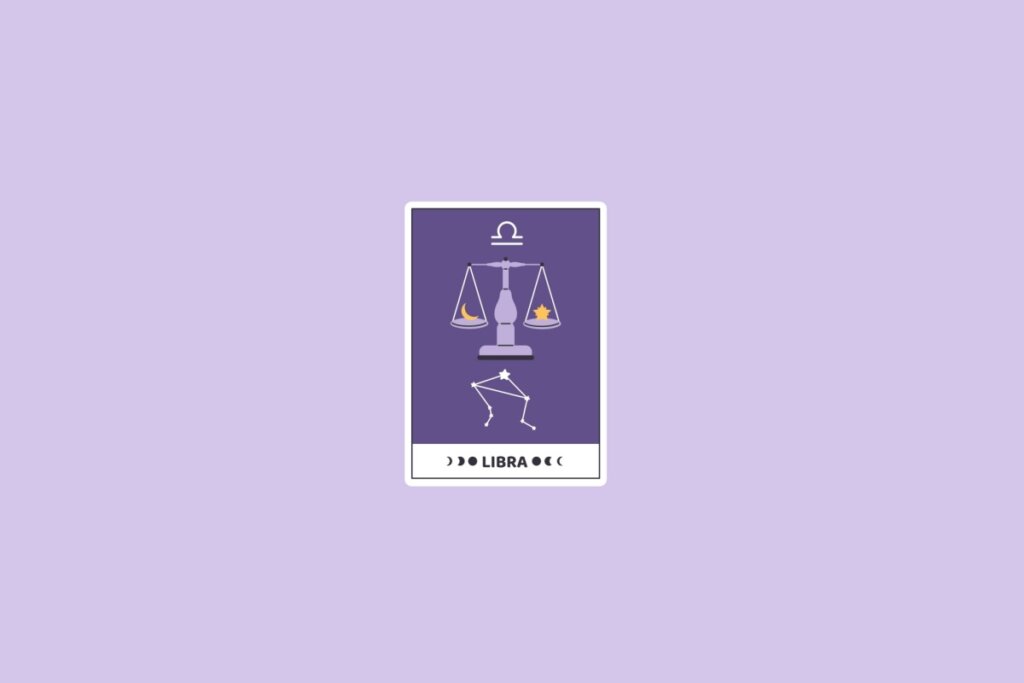 Ilustração do signo de Libra com uma balança equilibrada, a constelação de Libra e o símbolo do signo no topo