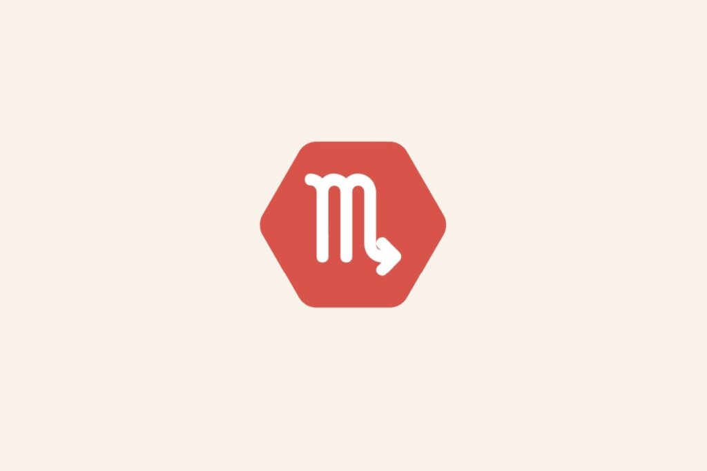 Ilustração do signo Escorpião, com símbolo branco em forma de "M" com seta na ponta final sobre fundo vermelho em hexágono