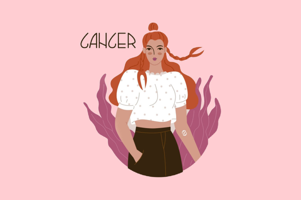 Ilustração de uma mulher ruiva usando uma camiseta branca e calça marrom com uma tatuagem do símbolo de câncer no braço em fundo rosa