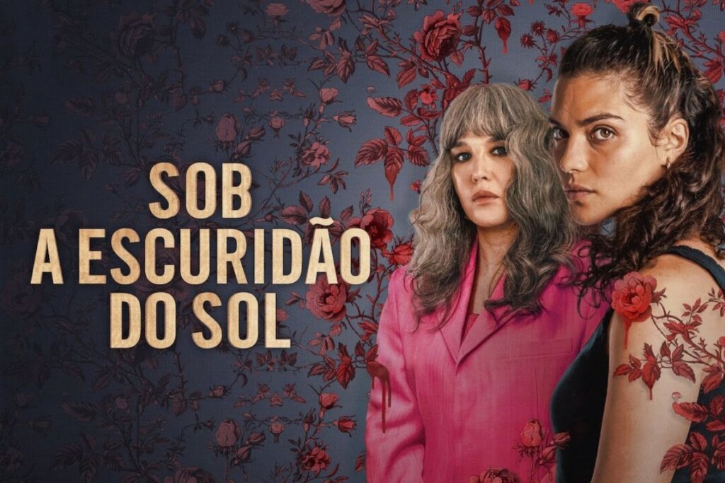 Capa da série Sob a Escuridão do Sol com duas mulheres olhando para a frente a um papel de parede florido ao fundo