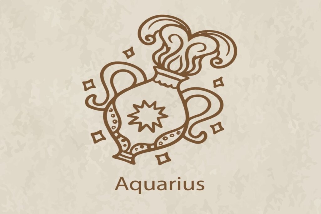 Ilustração do símbolo e nome do signo de aquário marrom em fundo marrom-claro