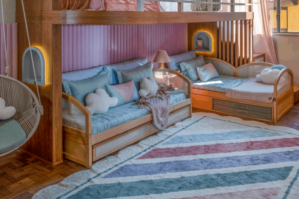 Camas em madeira com curvas e com roupas de cama em tons de azul, e almofadas coloridas