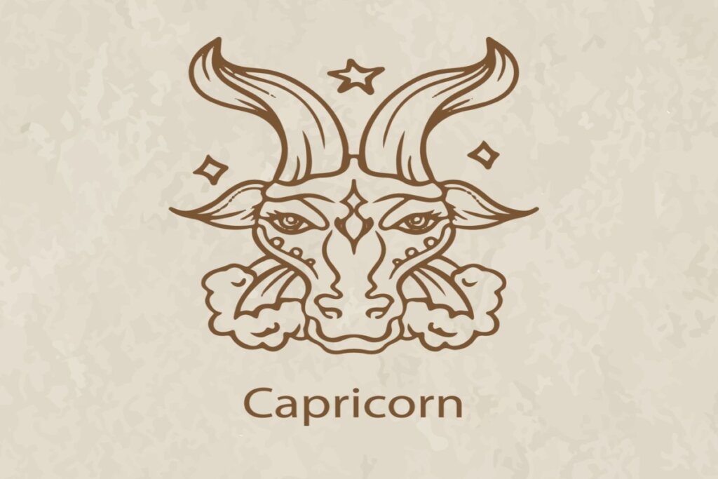 Ilustração do símbolo e nome do signo de capricórnio marrom em fundo marrom-claro