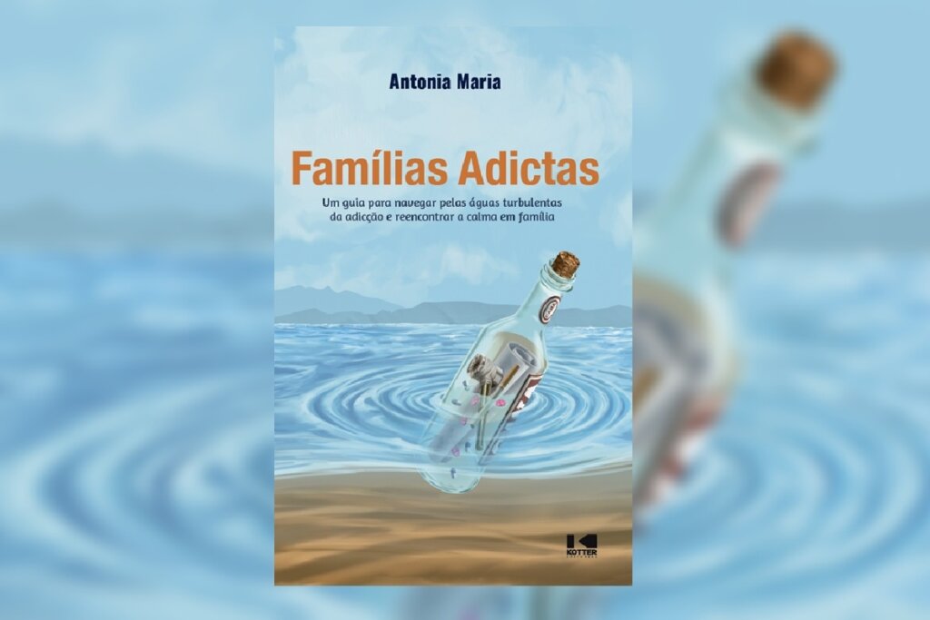 Capa do livro "Famílias Adictas", com ilustração de uma garrafa com objetos pessoais flutuando no mar