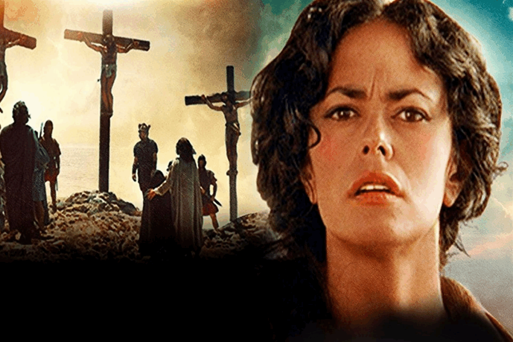 Imagem de uma mulher com o cabelo encaracolado preso olhando com uma expressão aflita e ao lado a imagem de Jesus sendo crucificado na cruz