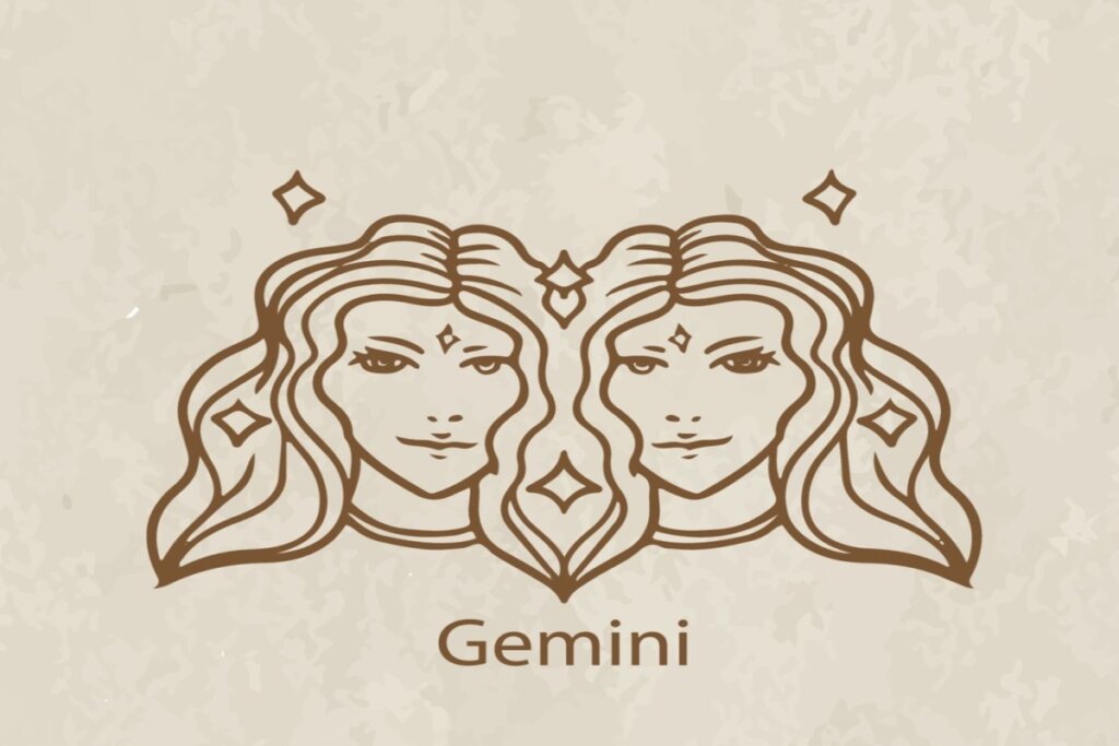 Ilustração do símbolo e nome do signo de gêmeos marrom em fundo marrom-claro