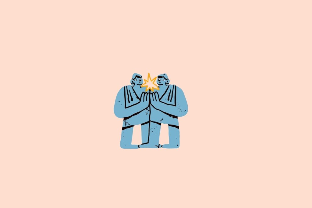 Ilustração de dois homens com a mão em hi five na cor azul em um fundo bege-claro