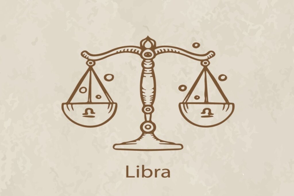 Ilustração do símbolo e nome do signo de libra marrom em fundo marrom-claro