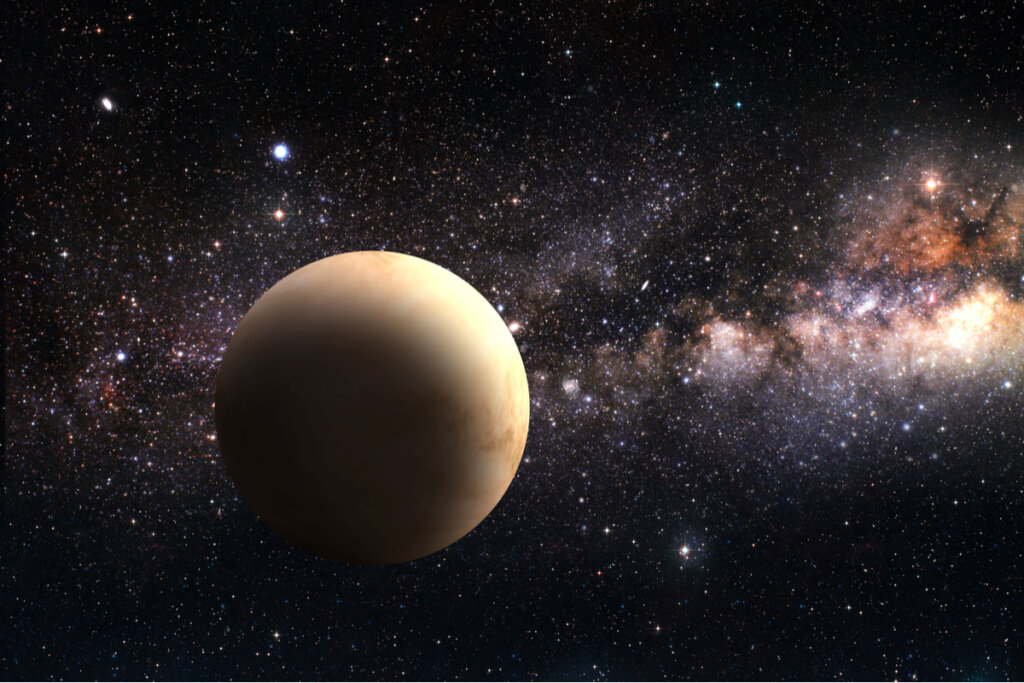 Ilustração do planeta Vênus no espaço com estrelas ao seu redor