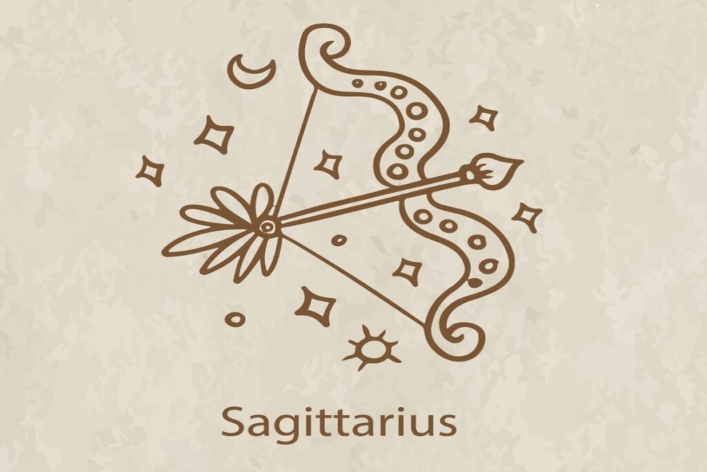 Ilustração do símbolo e nome do signo de sagitário marrom em fundo marrom-claro