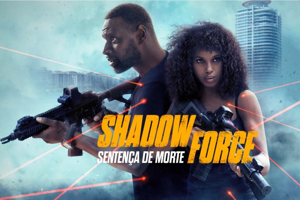 Cartaz de "Shadow Force – Sentença de Morte" com os protagonistas segurando armas cercados por lasers vermelhos