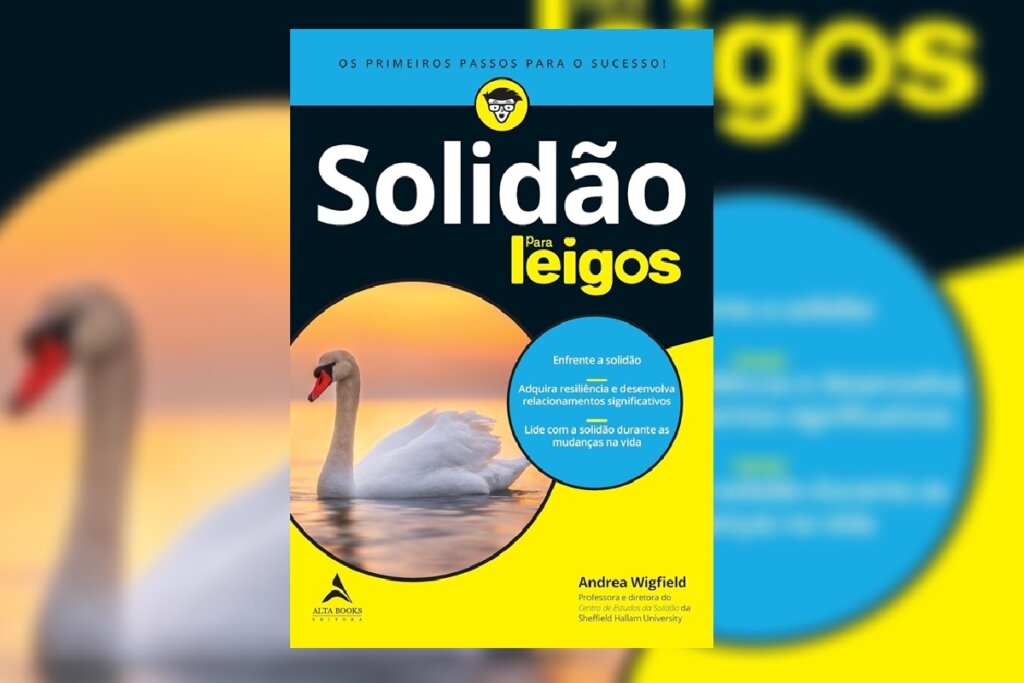 Capa do livro "Solidão Para Leigos", com um cisne solitário em um lago ao pôr do sol