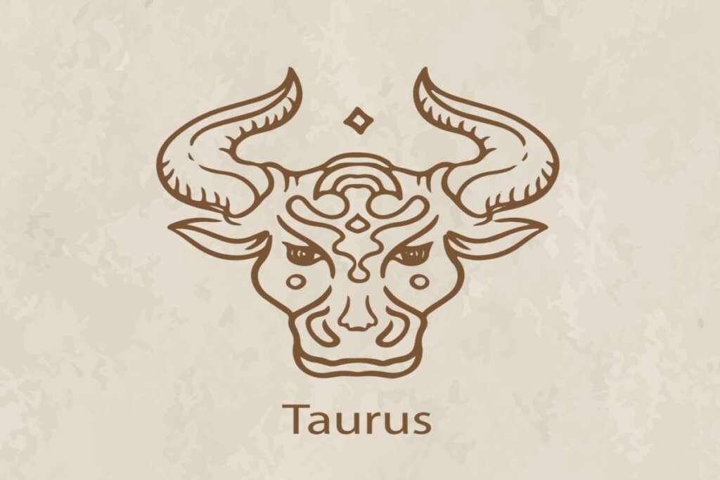 Ilustração do símbolo e nome do signo de touro marrom em fundo marrom-claro