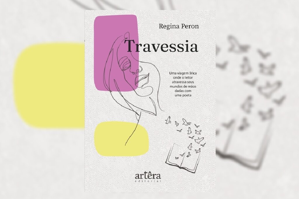 Capa do livro "Travessia", com arte minimalista de rosto feminino e pássaros saindo de um livro