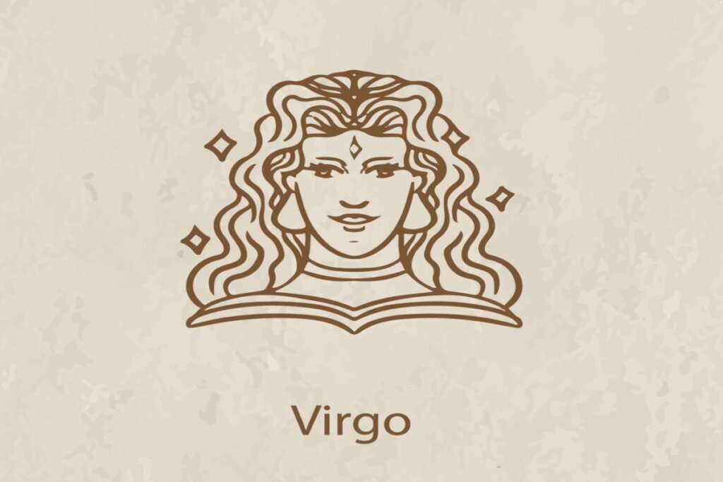 Ilustração do símbolo e nome do signo de virgem marrom em fundo marrom-claro