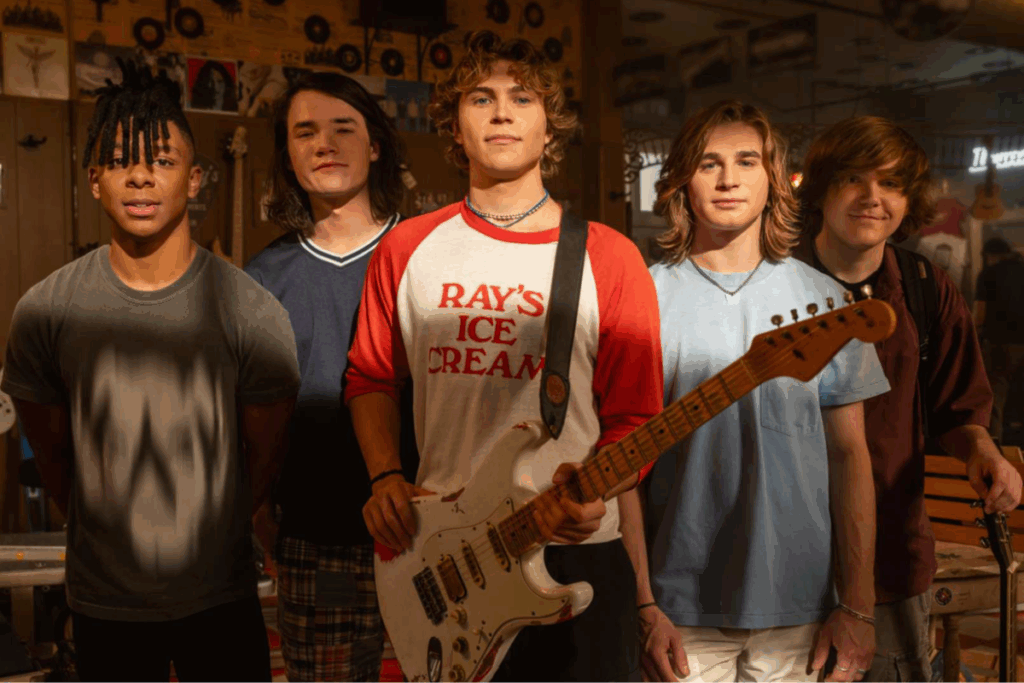 Cinco jovens músicos posam juntos, com o integrante central segurando uma guitarra