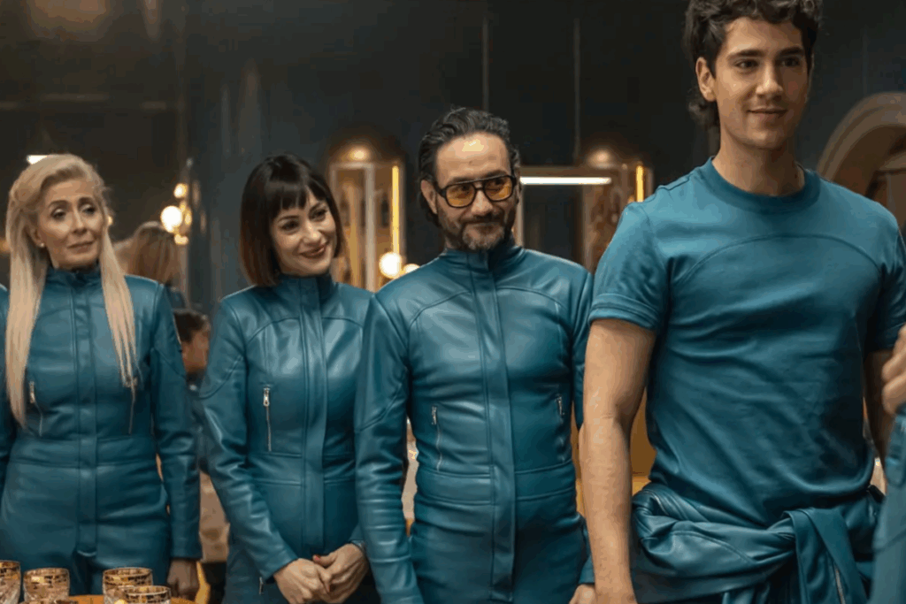 Quatro personagens vestindo uniformes azuis em um ambiente fechado iluminado