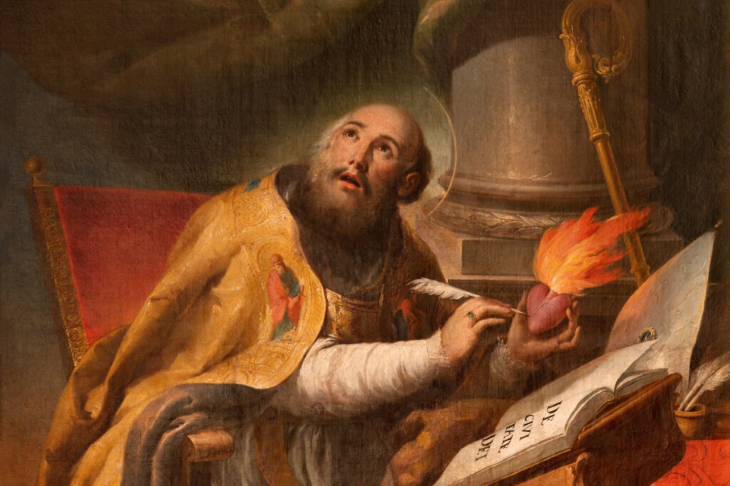 Pintura de Santo Agostinho segurando uma pena junto a um coração com chamas