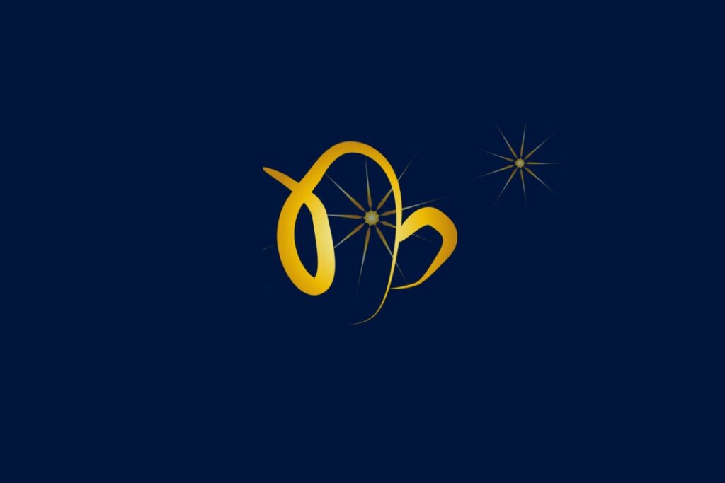 Ilustração do signo de Capricórnio, com um símbolo dourado estilizado em curvas acompanhado de estrelas, em fundo azul-escuro