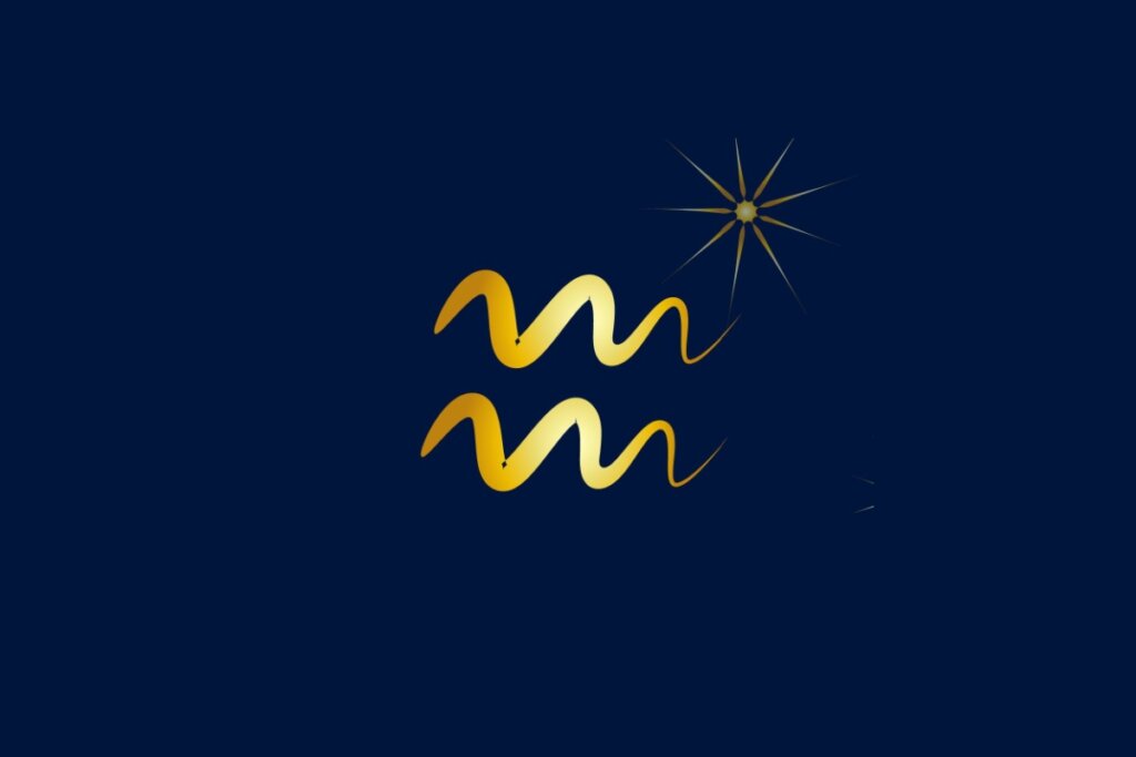 Ilustração do signo de Aquário, contendo duas linhas onduladas douradas paralelas acompanhadas de uma estrela dourada, em fundo azul-escuro