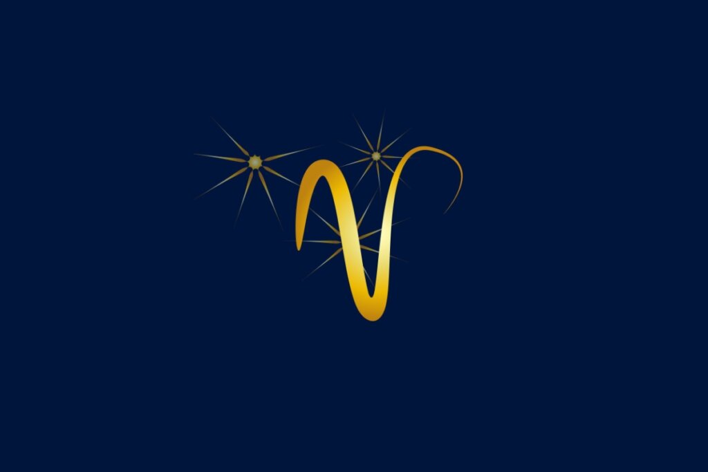 Ilustração do signo de Áries, contendo um símbolo dourado em formato curvado, acompanhado de estrelas brilhantes, em fundo azul-escuro