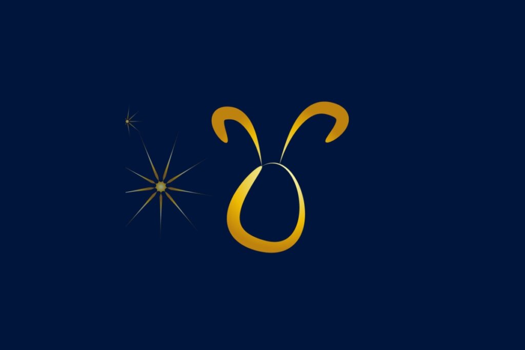 Ilustração do signo de Touro, com um símbolo dourado em forma ovalada com duas curvas no topo, acompanhado de estrelas cintilantes, em fundo azul-escuro