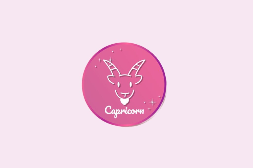 Ilustração do signo de Capricórnio com uma cabra de chifres grandes em fundo rosa