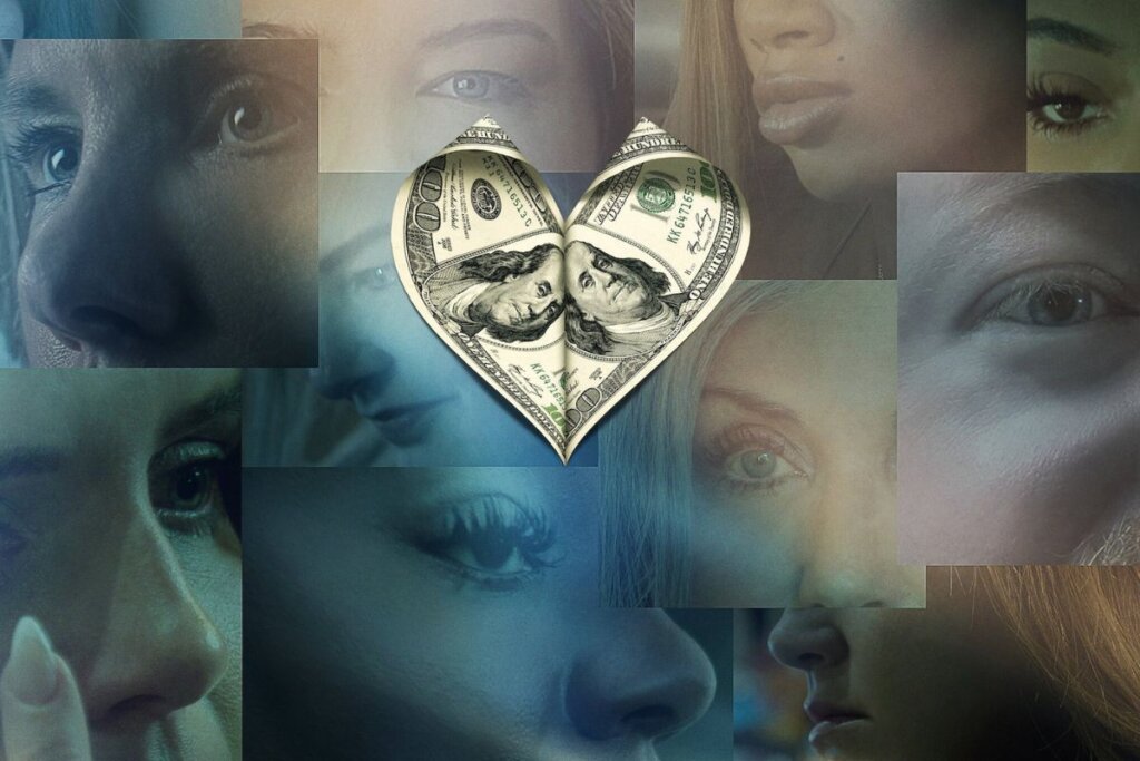 Capa da série "Amor, Golpe e Vingança" com dolares formando um coração