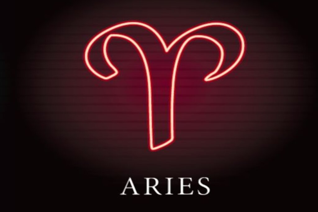 Ilustração do símbolo de áries em vermelho néon sobre o nome do signo em inglês