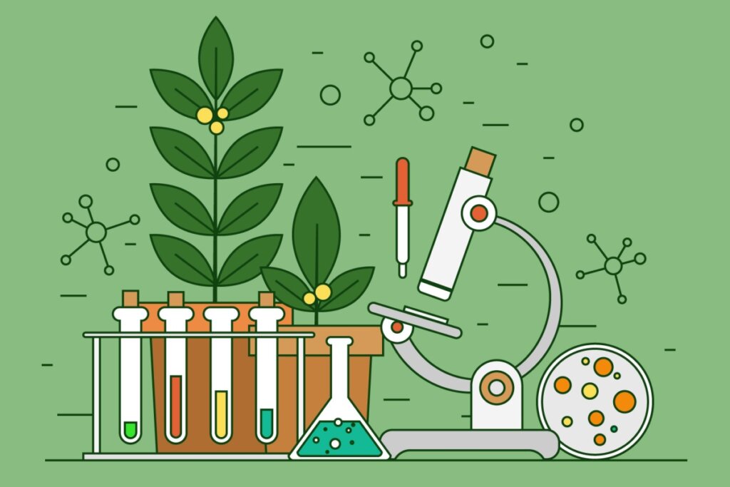 Ilustração de matéria de Biologia, com tubos de ensaio e microscópio e plantas em fundo verde
