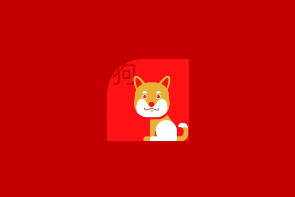 Ilustração do signo de Cão, contendo um cachorro amarelo com rosto e patas brancas, em fundo vermelho