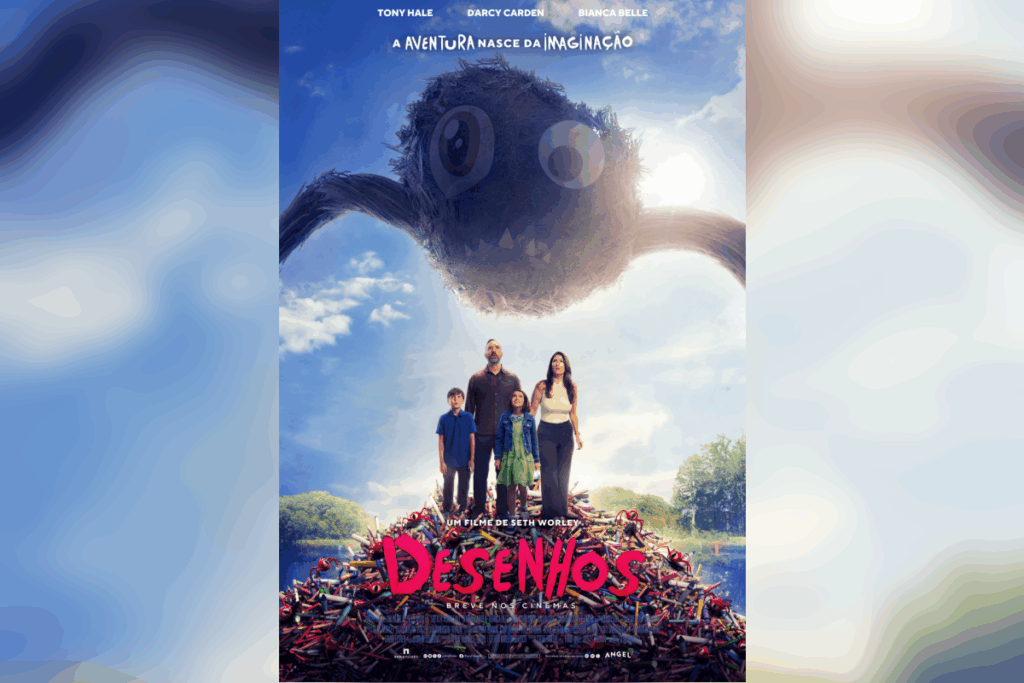 Família observando uma criatura gigante que surge do céu