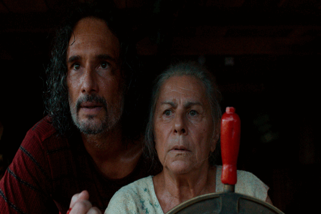 Imagem de um homem de barba com cabelo cumprido vestindo uma camiseta vermelha, ao lado de uma senhora idosa usando uma camiseta verde dirigindo barco