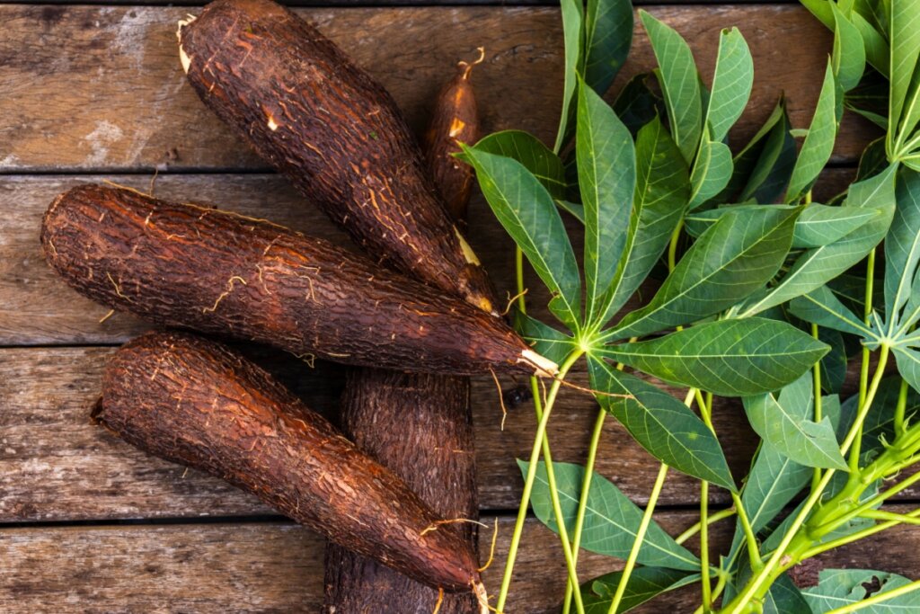 Mandiocas e folhas ao lado em cima de superfície de madeira
