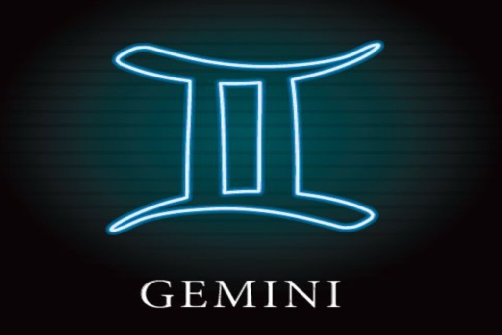 Ilustração do símbolo de gêmeos em azul néon sobre o nome do signo em inglês